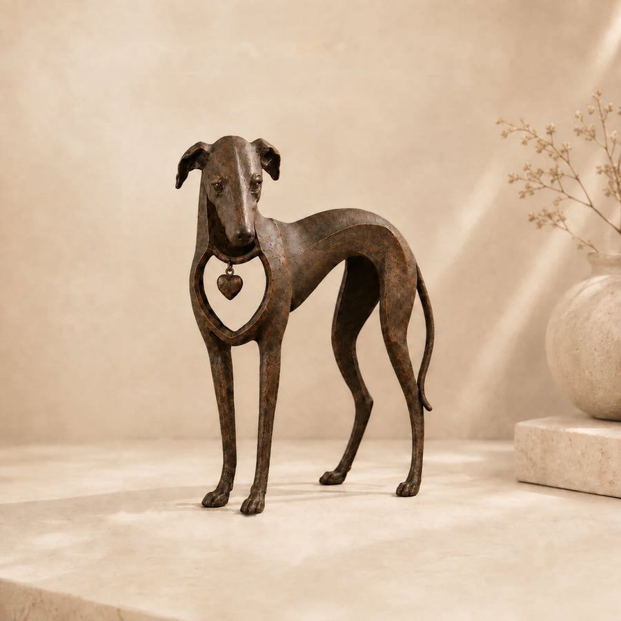 Antique brown resin greyhound sculpture with hanging heart charm