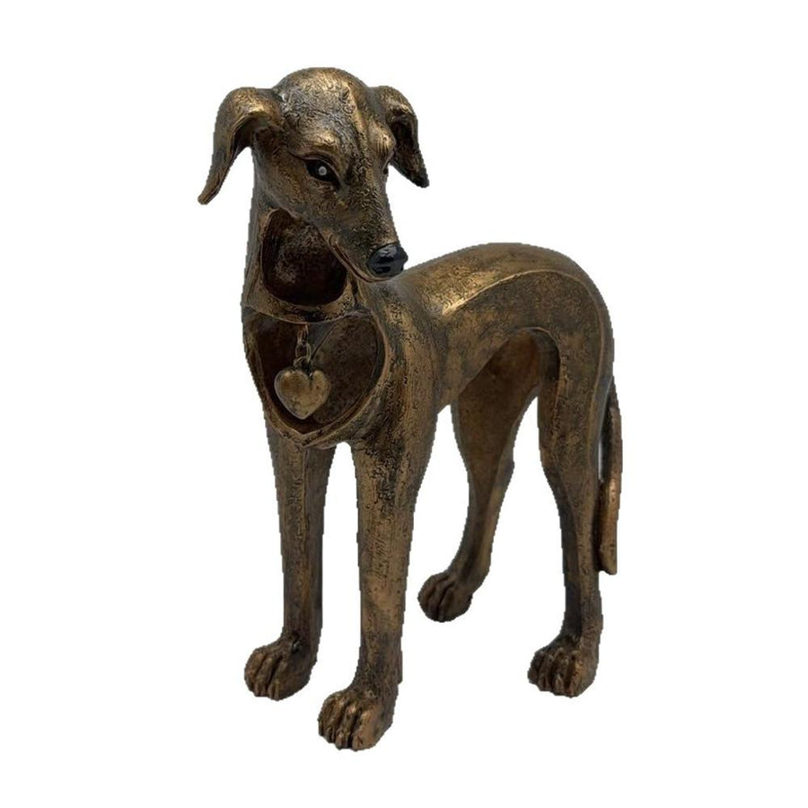 Resin greyhound figurine with heart pendant on white background