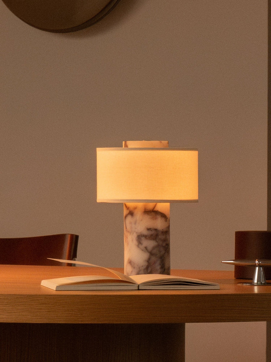 Auríe Portable Lamp in Calacatta Viola marble and linen.