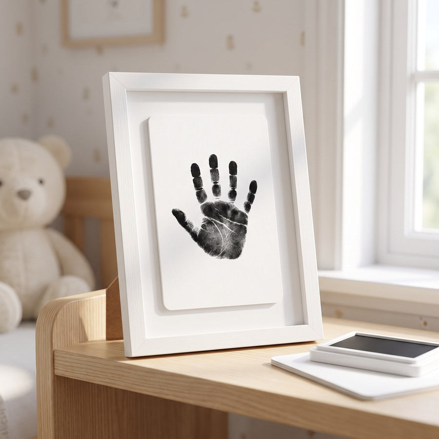 Framed baby handprint displayed on a shelf in the nursery