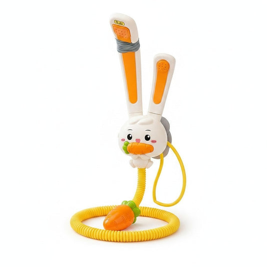 Electric bath shower toy shaped like a bunny with a carrot spout on a white background