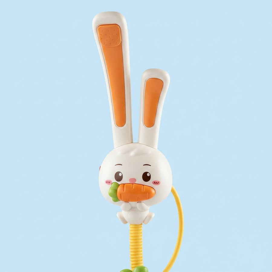 Close-up of the bunny's cute face with a carrot and orange ears