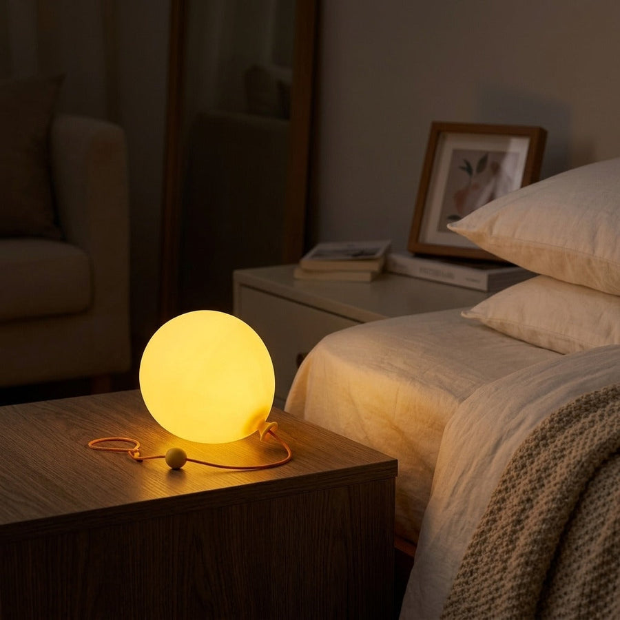 Balloon night light on a headboard in a bedroom