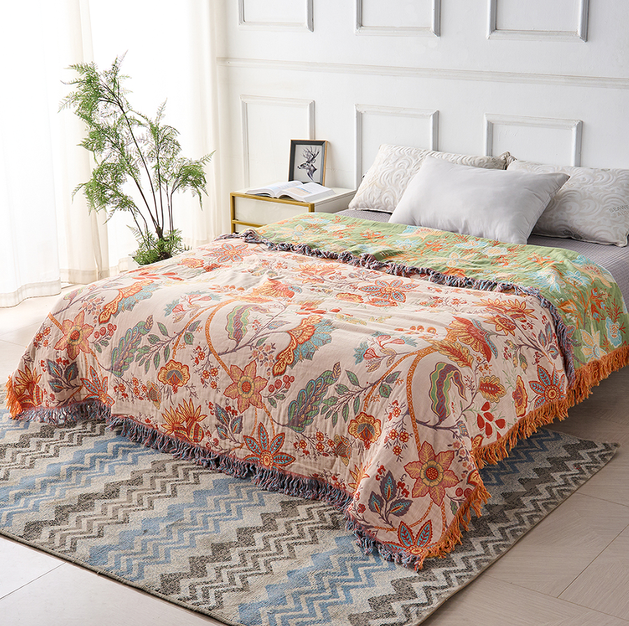 Close-up of the floral pattern on the throw blanket