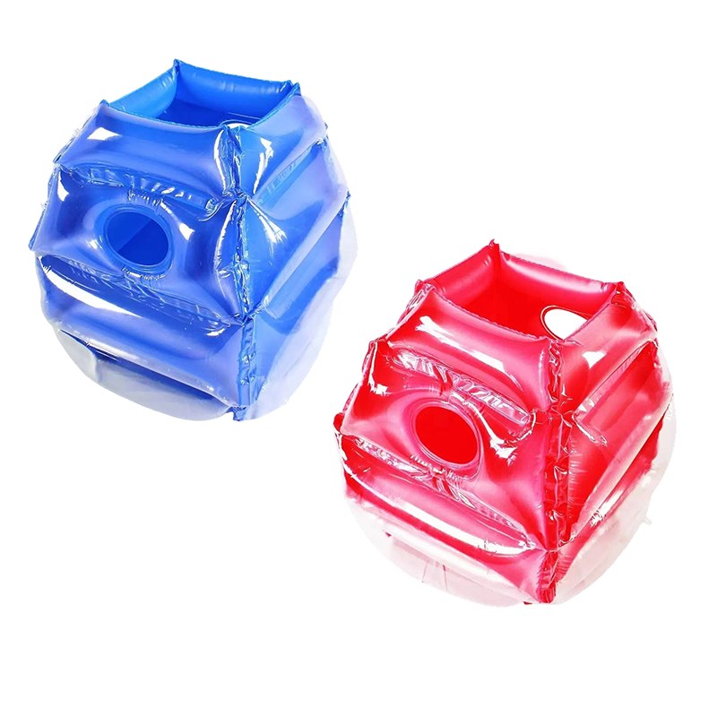 Blue and red inflatable bumper ball suits on a white background