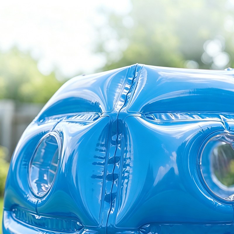 Close-up of blue inflatable bumper ball suit in PVC material