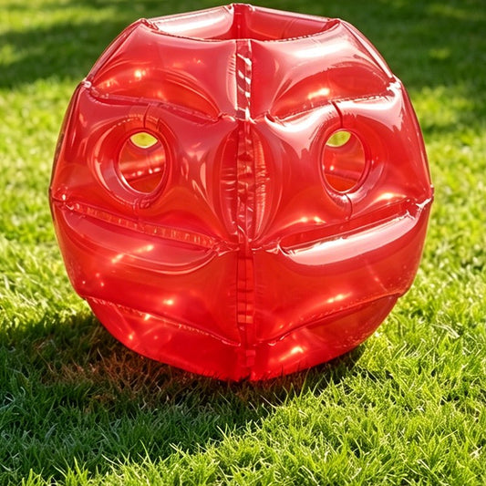 Red inflatable bumper ball suit on grass outdoors
