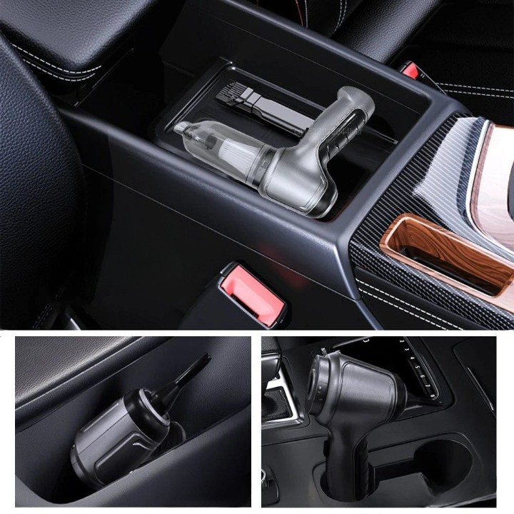 Cordless handheld car vacuum with accessories displayed