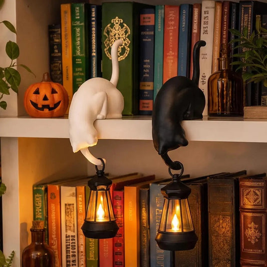 Cat figurine with hook and lantern on a bookshelf – white and black cat