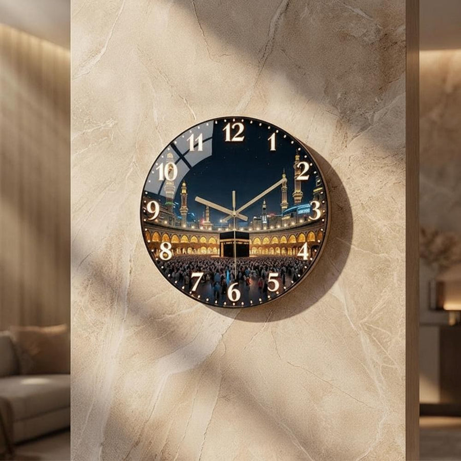 Silent wall clock with mosque panorama mounted on a beige wall