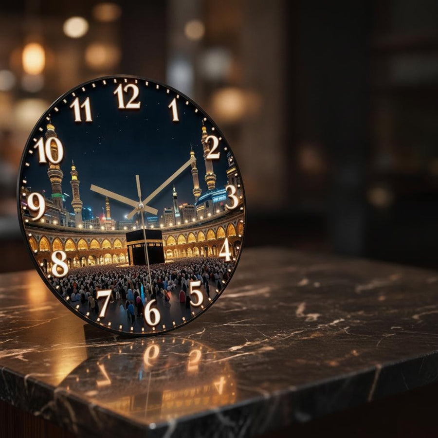 Wall clock with Islamic mosque panorama on a marble table