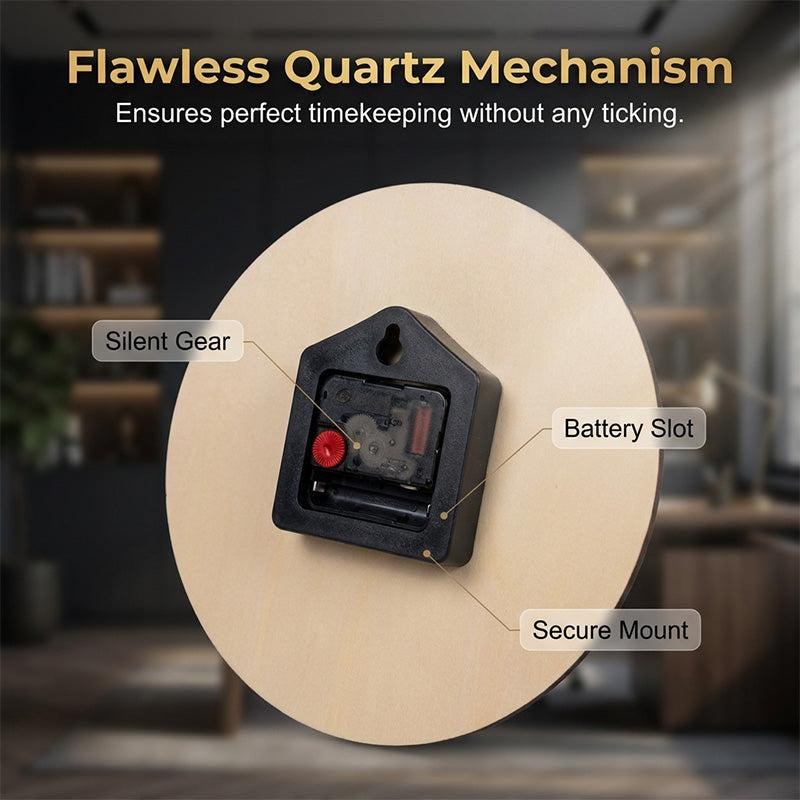 Back of wall clock showing silent quartz movement and battery compartment