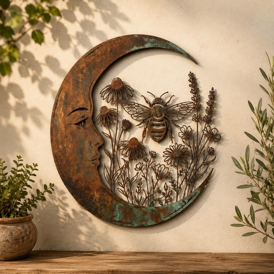Bee and wildflower crescent moon metal wall art on white wall