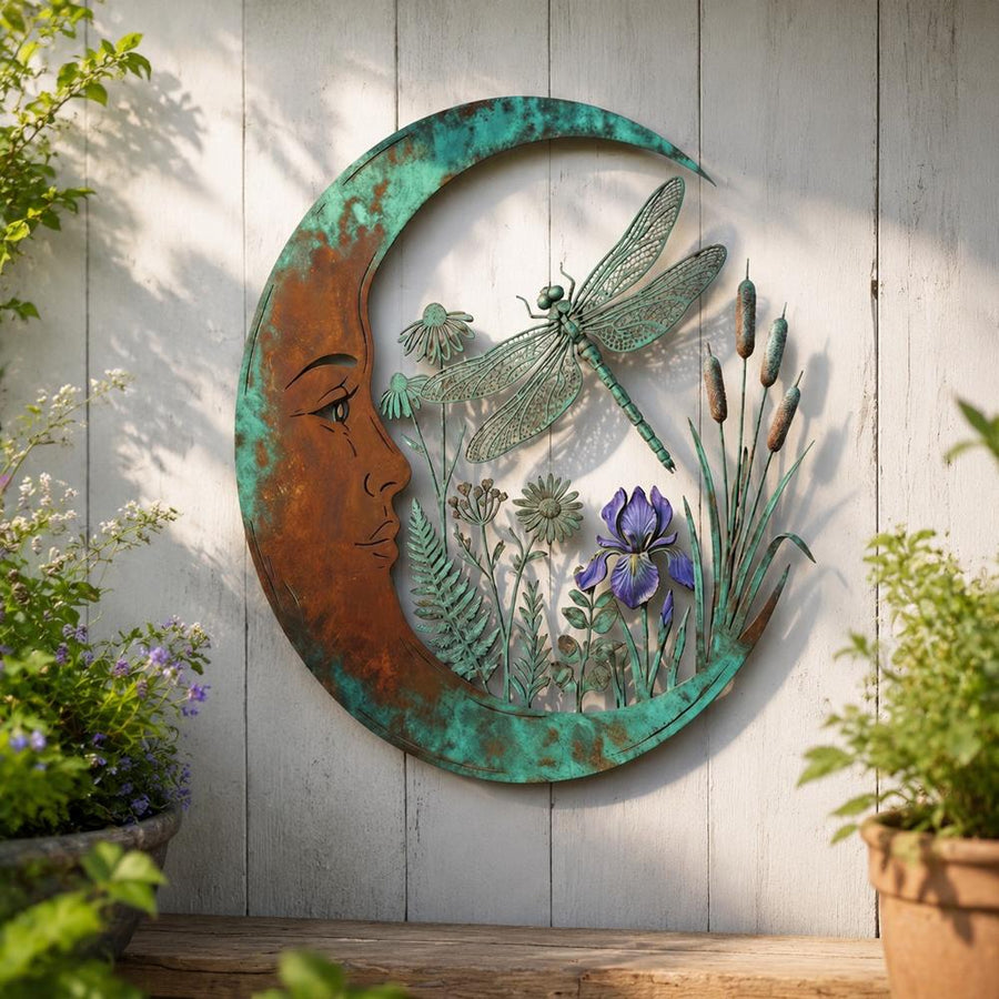 Dragonfly and iris crescent moon metal wall art with teal patina