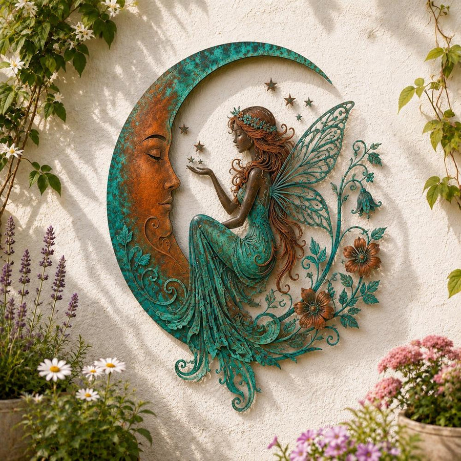 Fairy sitting in crescent moon metal wall art with flowers
