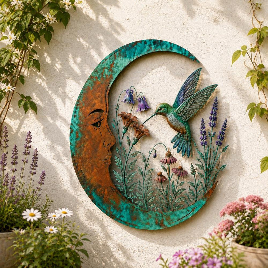 Hummingbird and lavender crescent moon wall art on garden wall