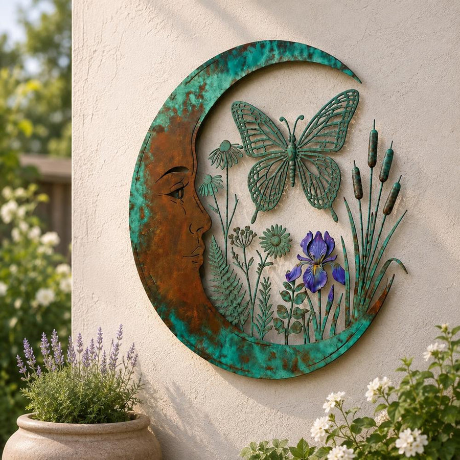 Butterfly and iris crescent moon metal wall art outdoors