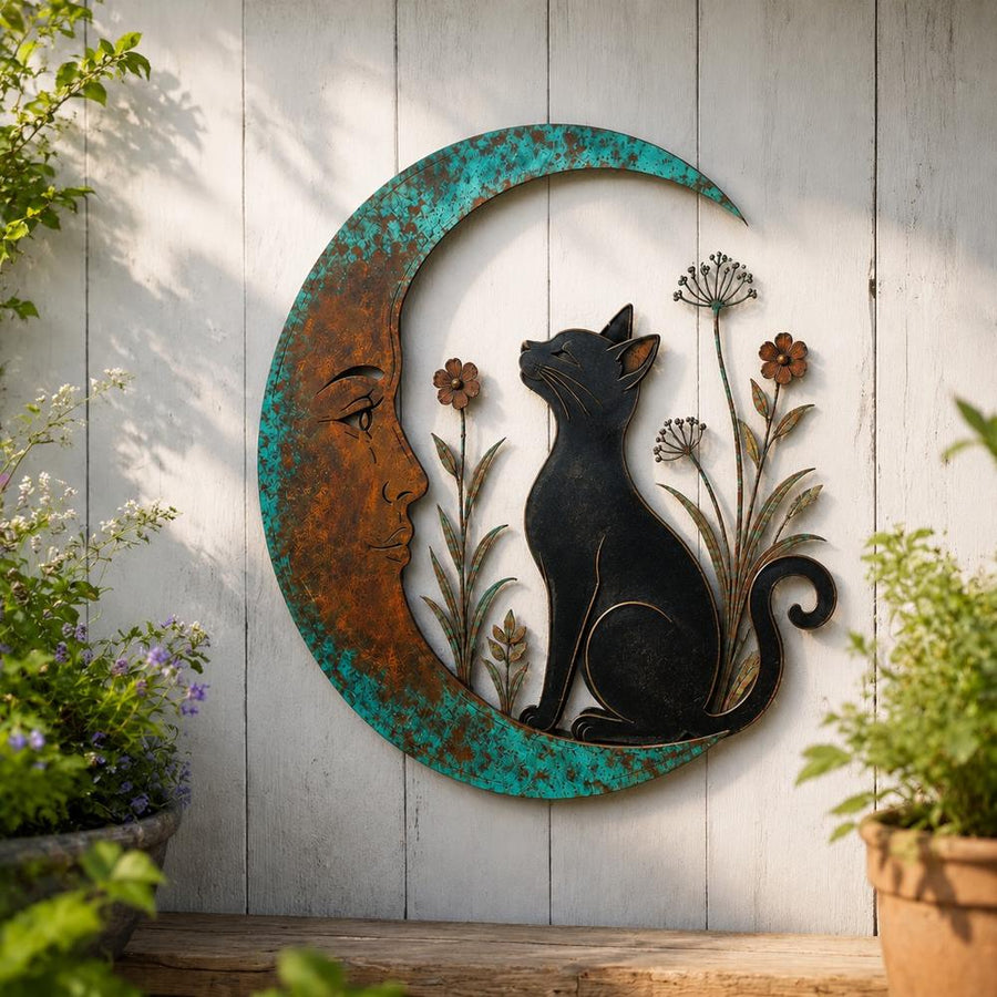 Black cat silhouette crescent moon wall art on white boards