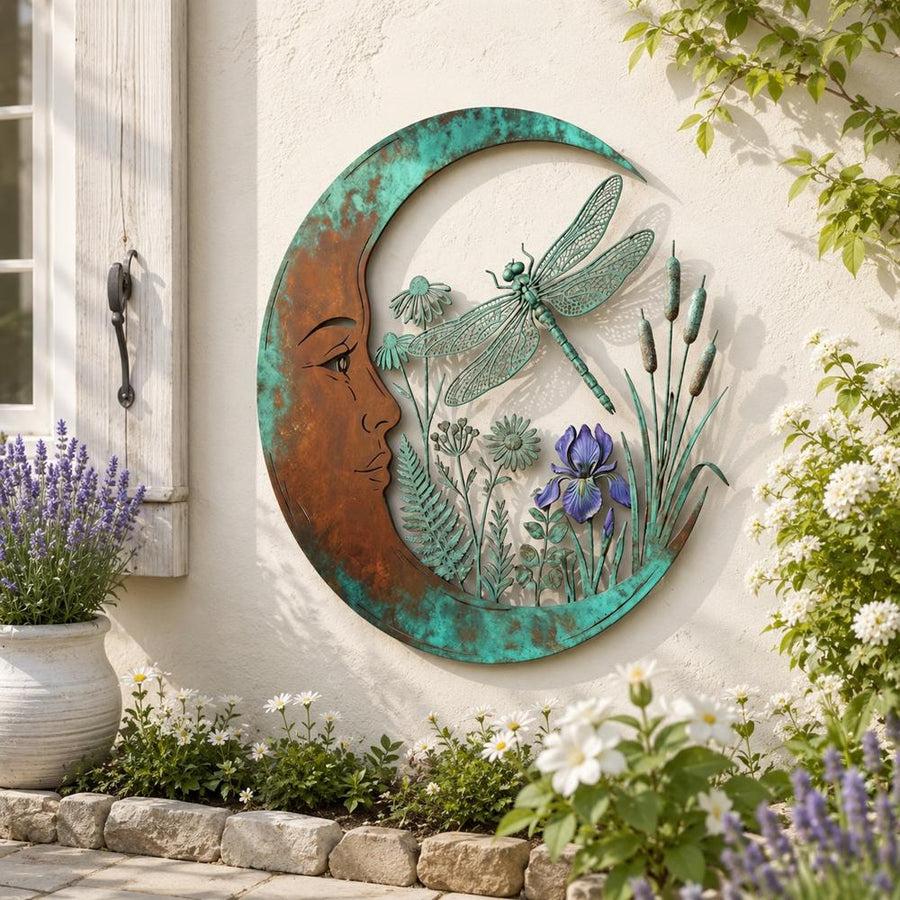 Dragonfly crescent moon wall art beside white door and lavender