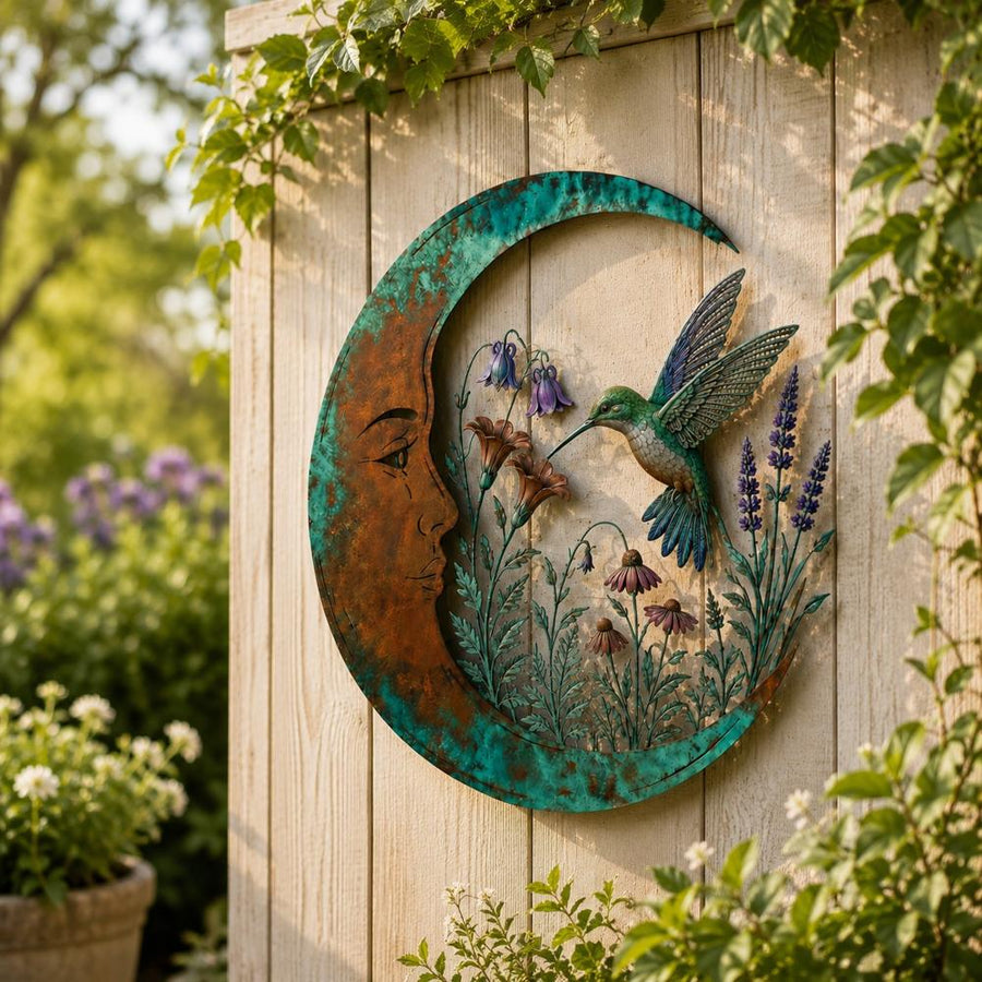 Hummingbird crescent moon metal wall art on garden wall