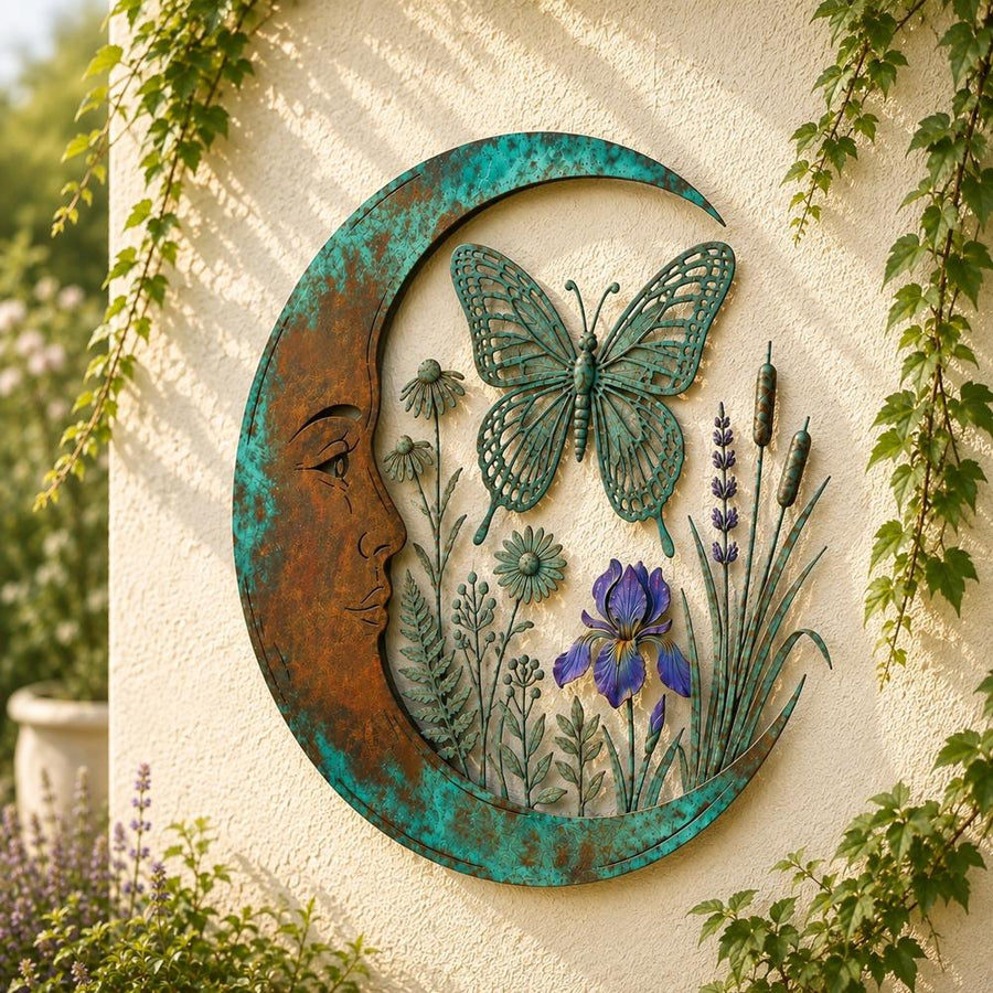Butterfly crescent moon wall art with green patina and ivy