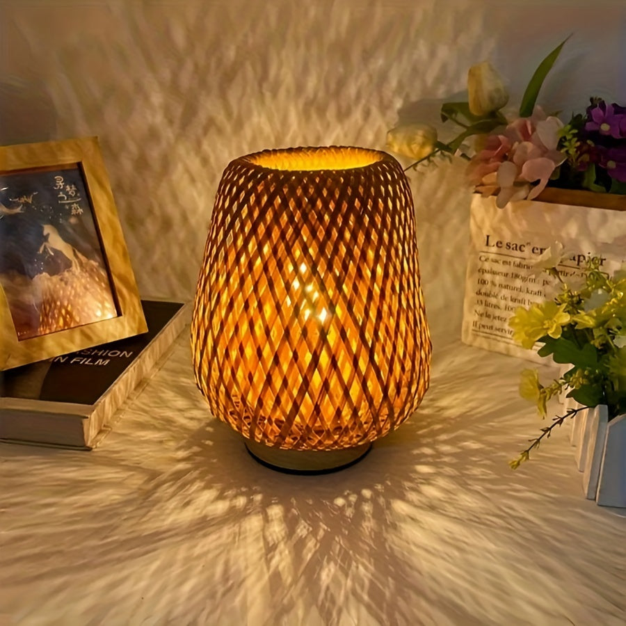 Close-up of bohemian style LED bedside lamp glowing softly