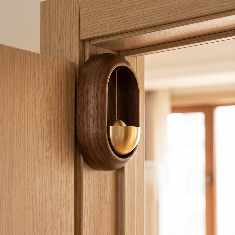 Oval door chime mounted by the door frame with the door ajar