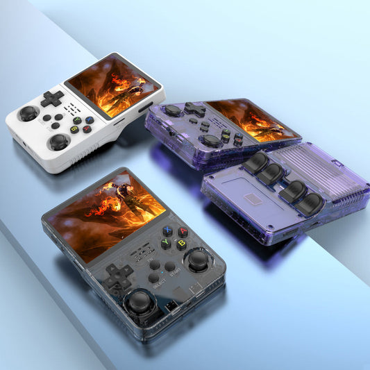 Handheld retro gaming console with HD screen shown from the front