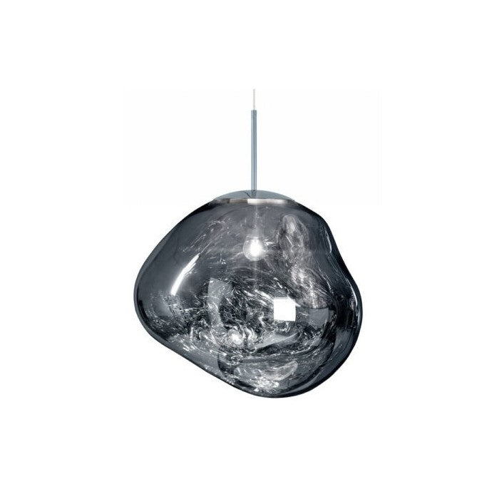 Gold-toned pendant light shown above a dining table