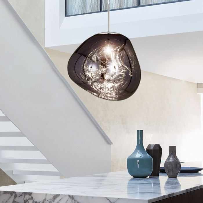 Gray pendant light mounted on a ceiling fixture