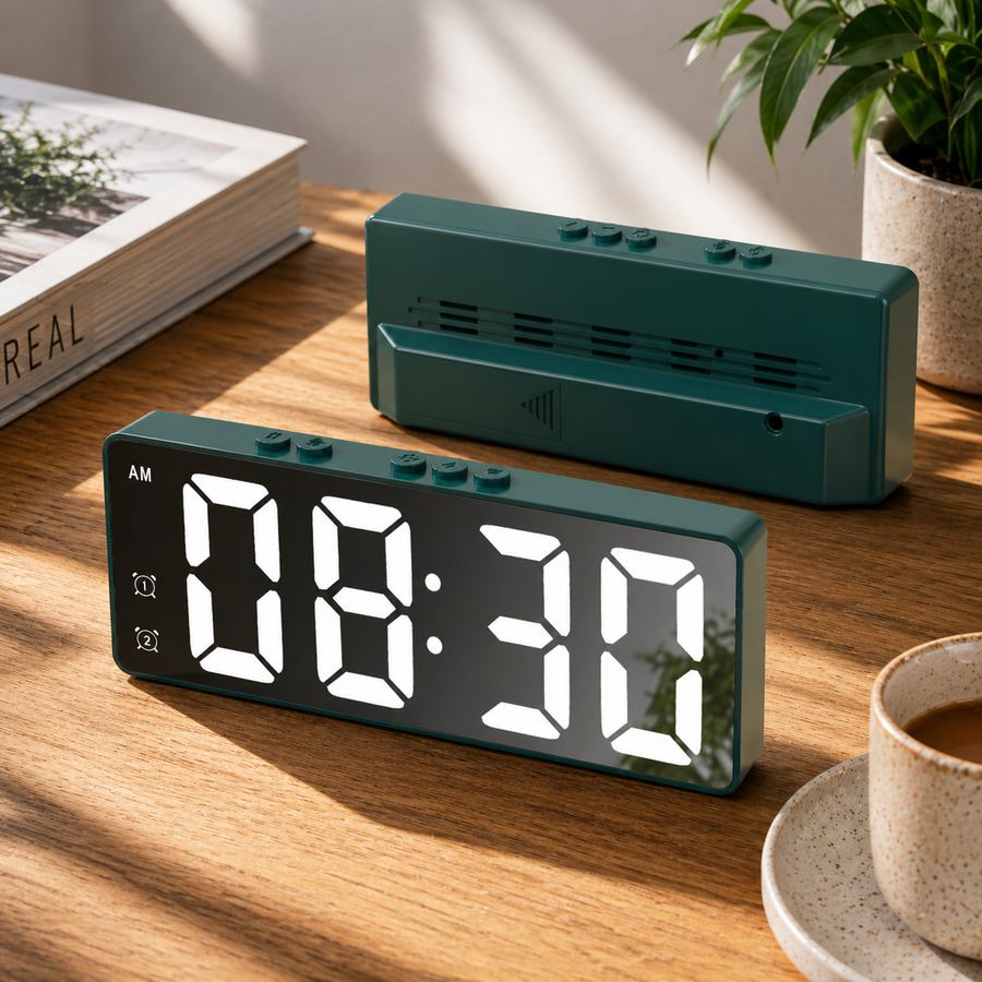 Digital clock resting on a shelf in a modern living room.