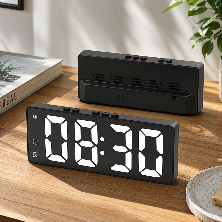 Side angle of the digital clock showing its compact size.