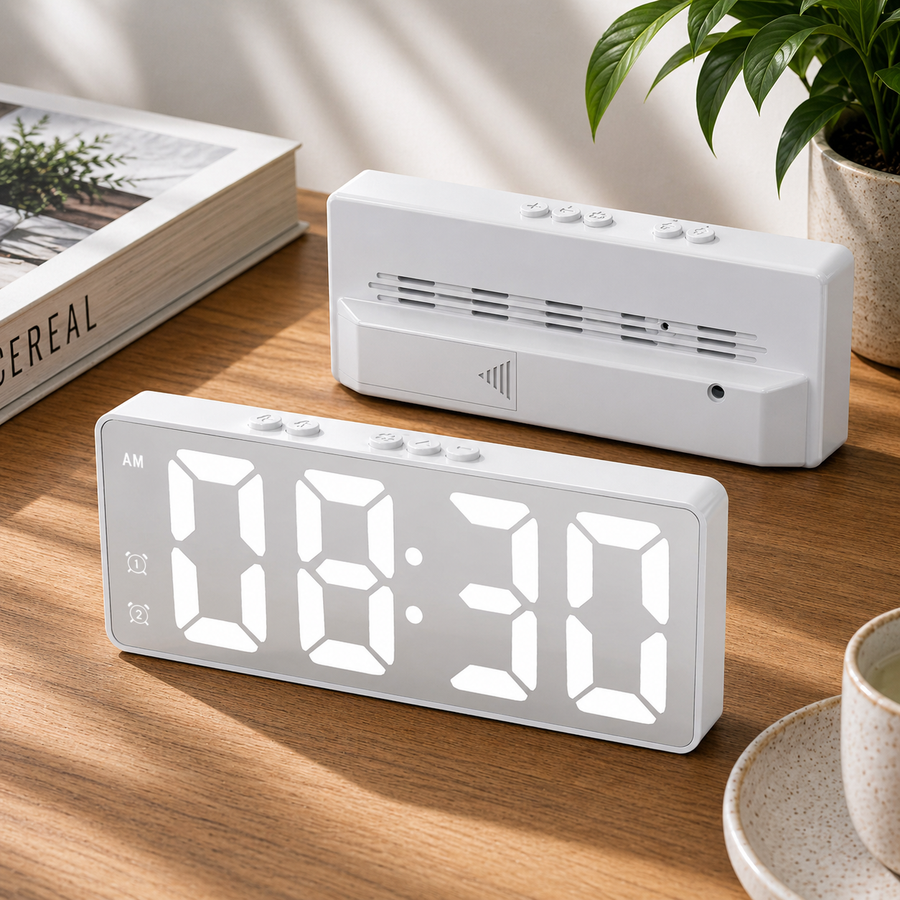 Top view of the clock highlighting its sleek control buttons.