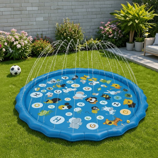 Inflatable water play mat with sprinkler set up in a garden, without children