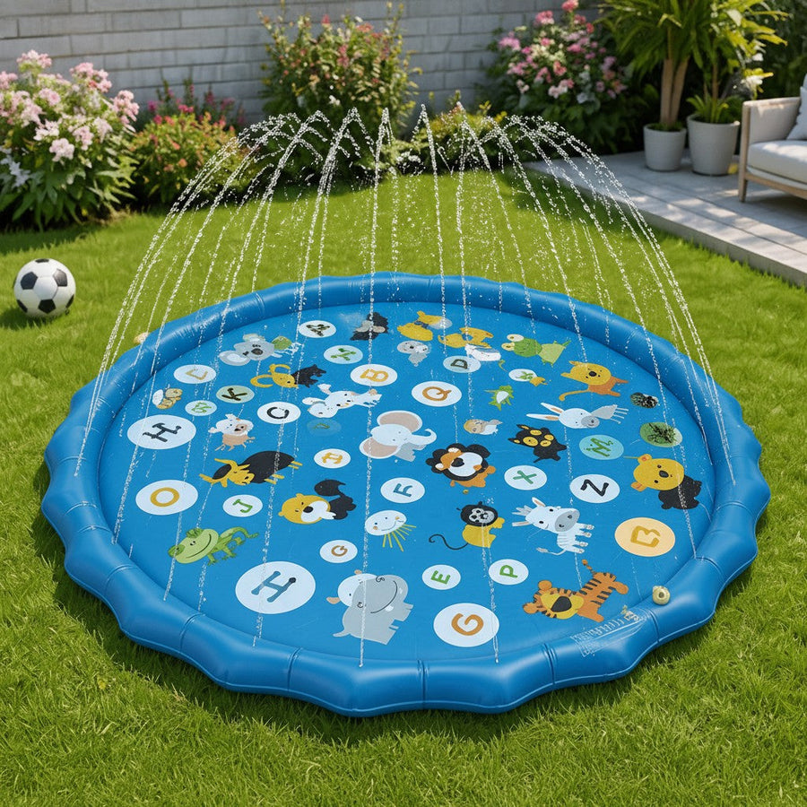 67 in (170 cm) inflatable splash pad with sprinkler spraying water on the lawn