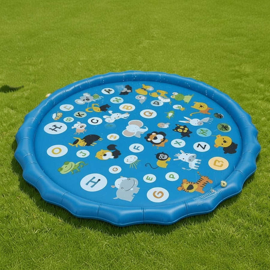 Overhead view of a blue round water play mat with animal designs and letters