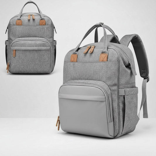 Gray diaper backpack with changing pad shown from front and back