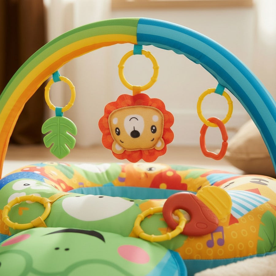 Close-up of the play arch with plush toys and teething rings