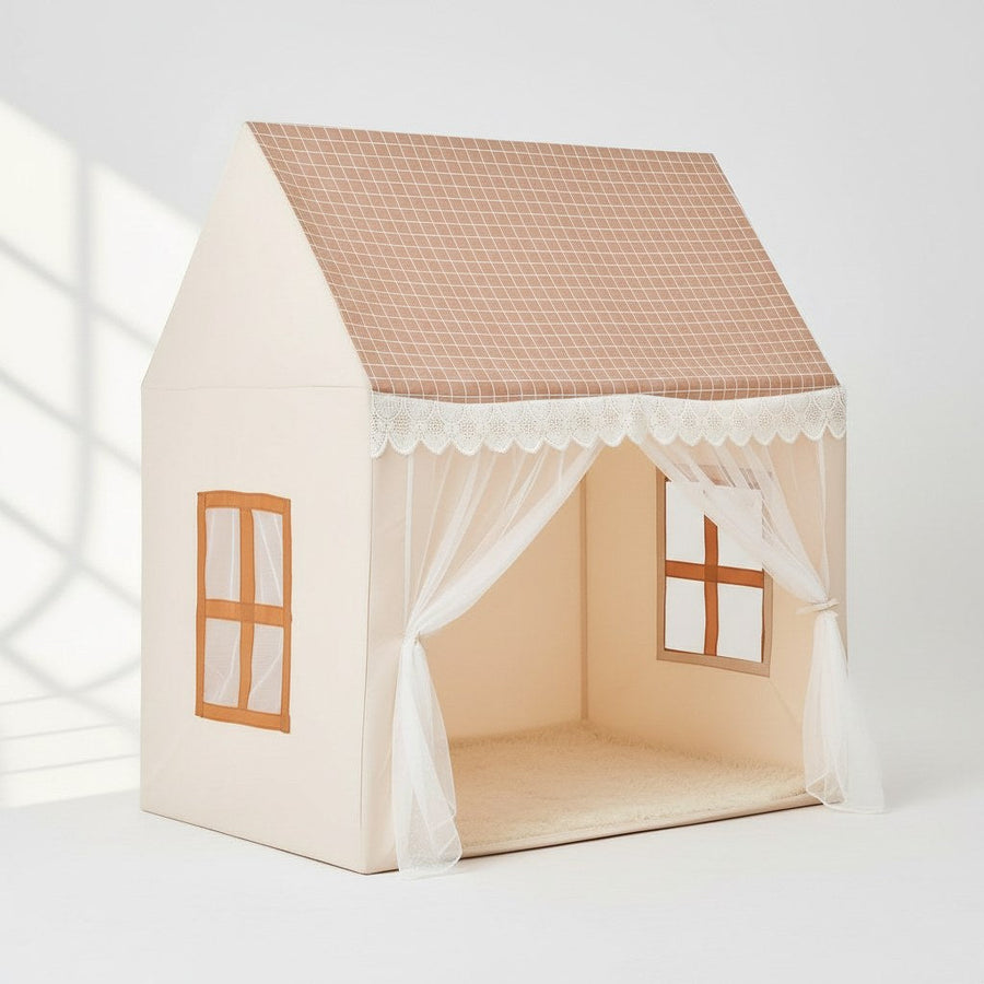 House-shaped kids' play tent with plaid roof and lace trim detail