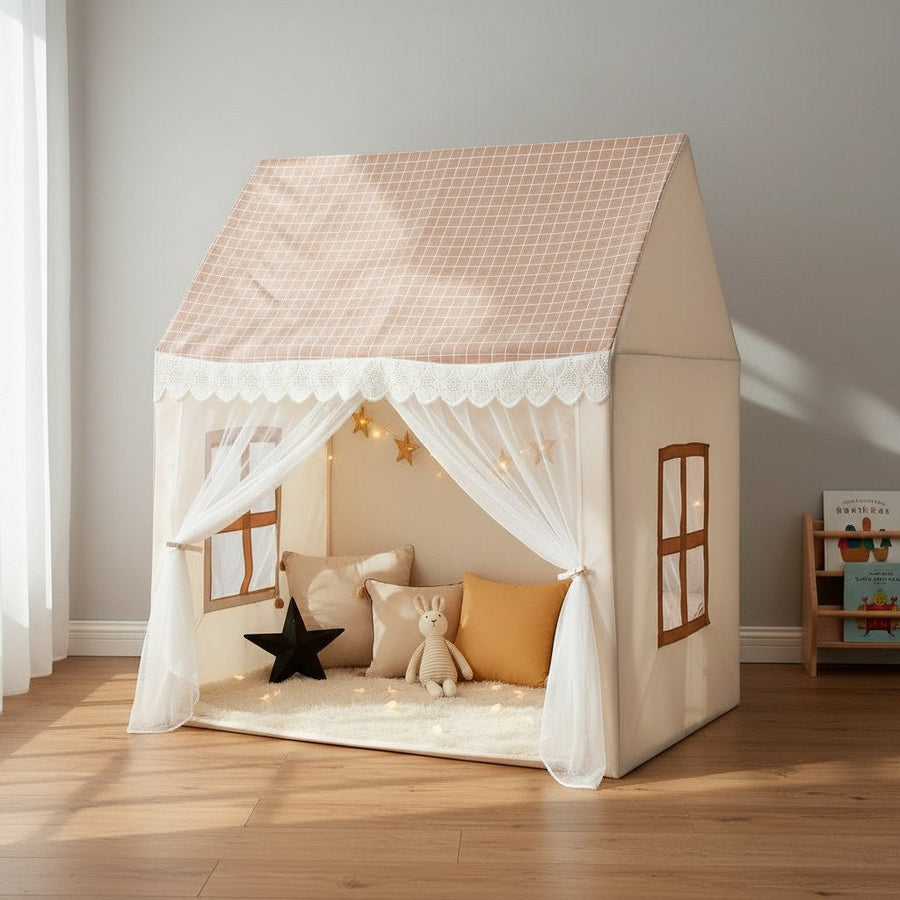Playhouse tent in a kid's room — Scandinavian design with sheer curtains