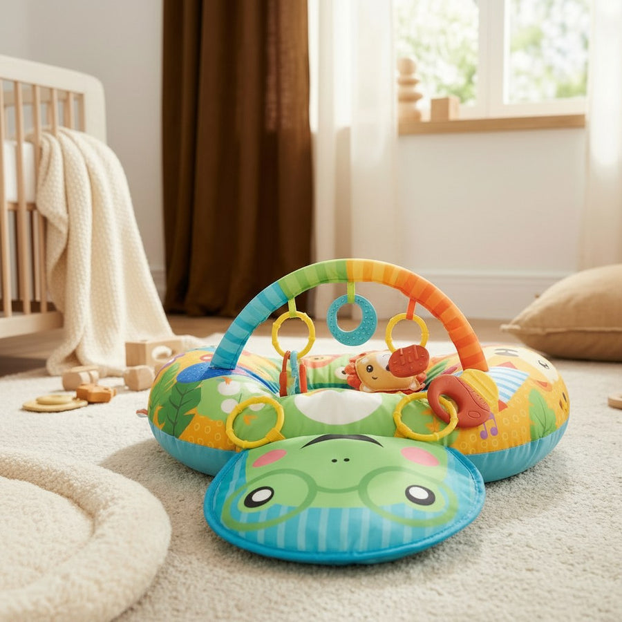 Tummy time pillow in a nursery with a Scandinavian look