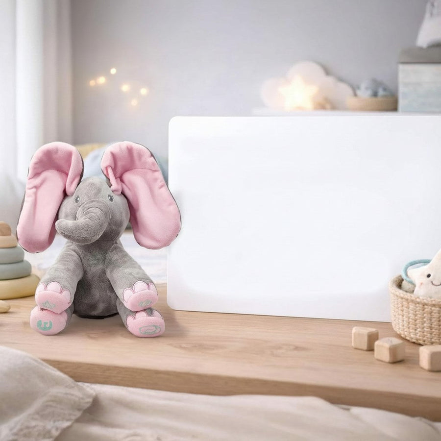 Interactive elephant in a nursery with peek-a-boo feature