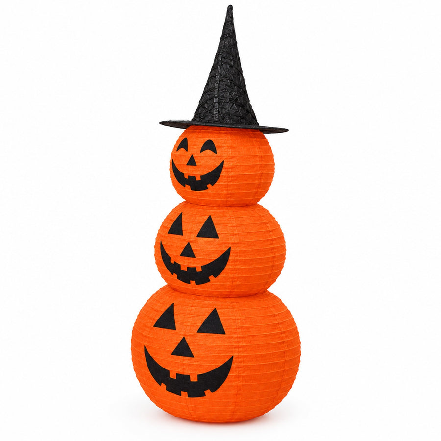 Three-quarter view of stacked jack-o-lantern pumpkins