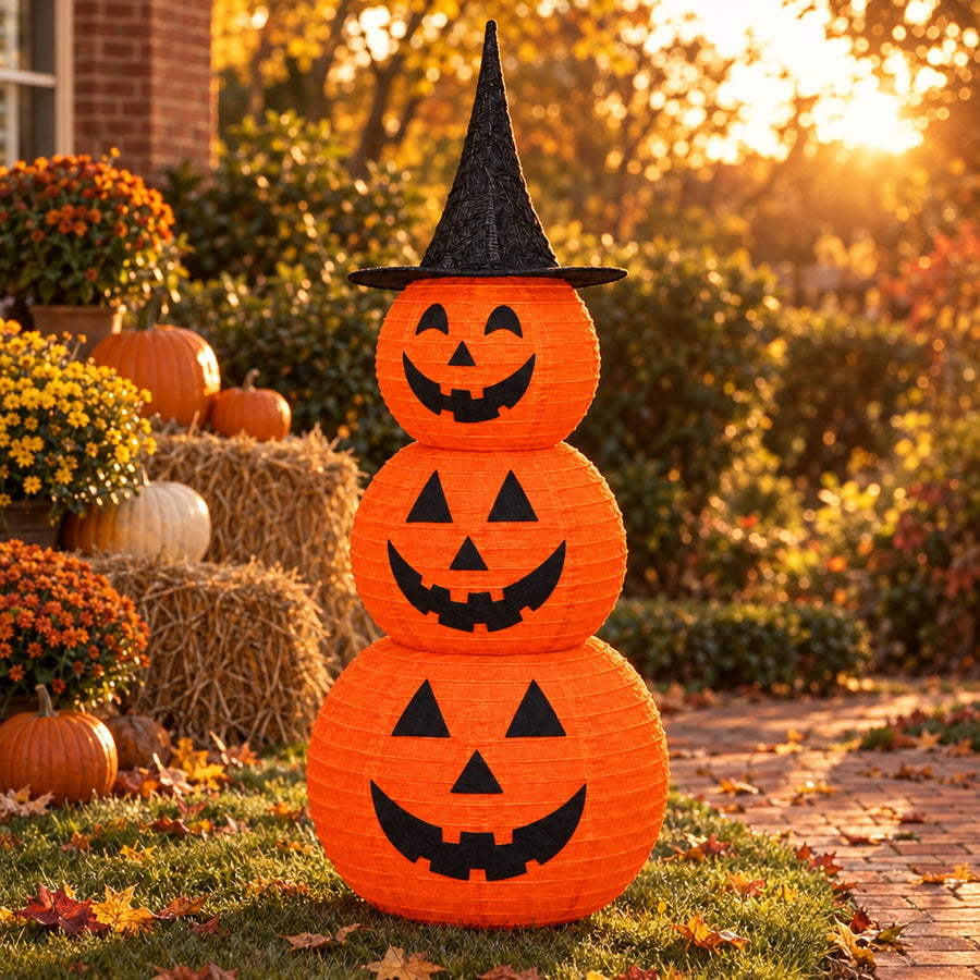 Pumpkin stack on autumn lawn with hay bales