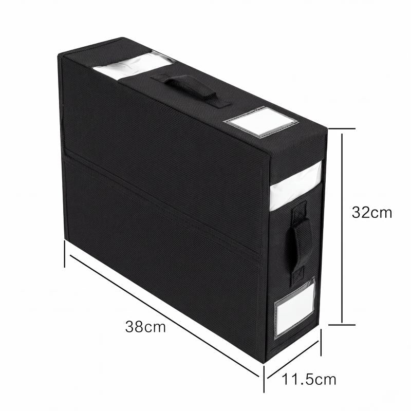 Black folding storage organizer with zipper showing dimensions