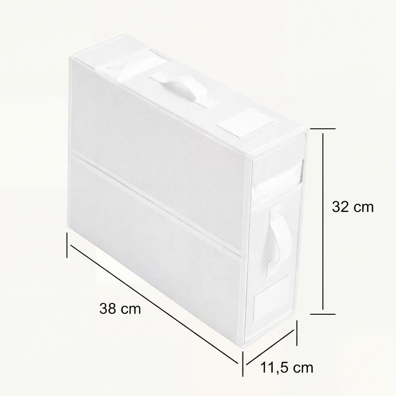 White folding sheet storage box showing 38 by 32 by 11.5 cm size