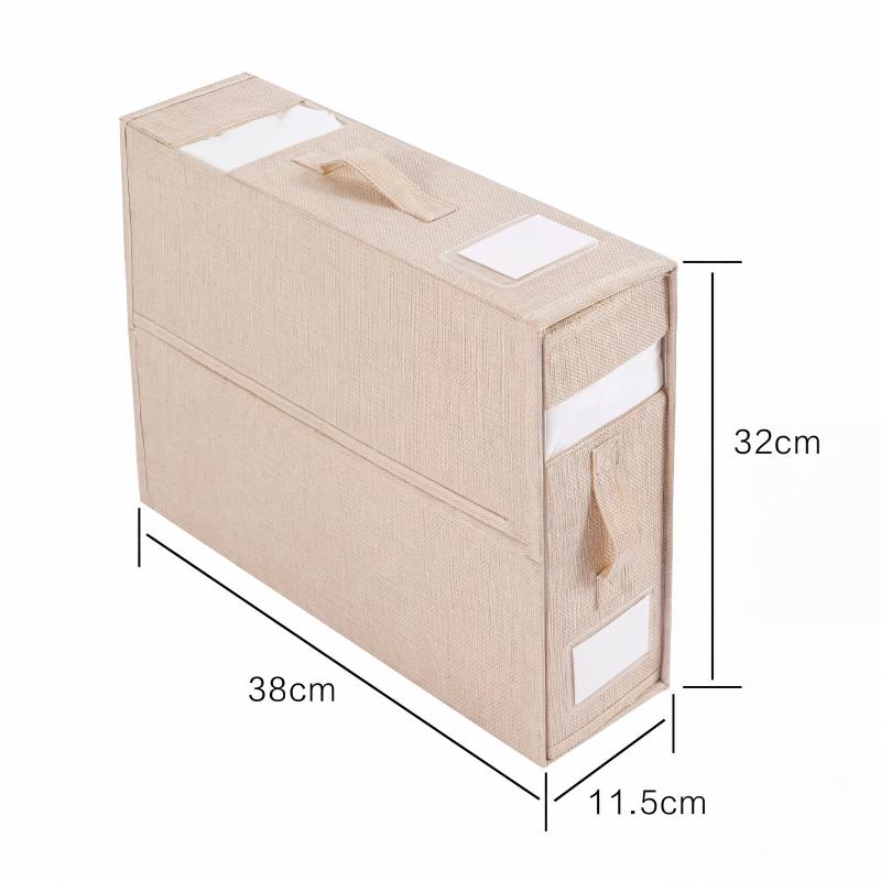 Beige folding bed sheet storage organizer with carry handle