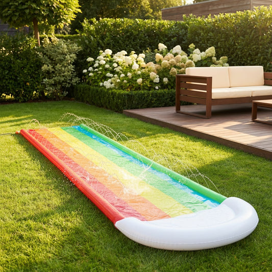 Rainbow-colored inflatable water slide set up on a backyard lawn