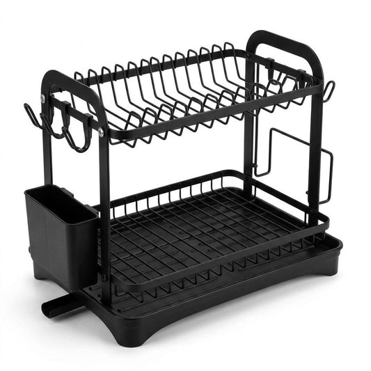 Black 2-tier dish drying rack on white background