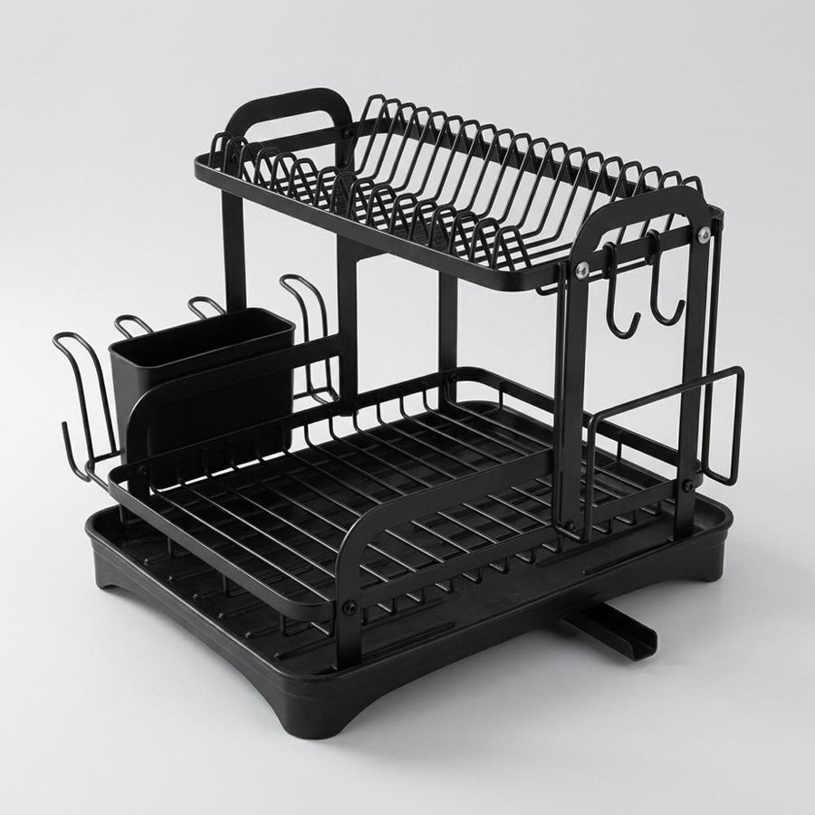 Three-quarter view of dish rack showing accessories and drip tray